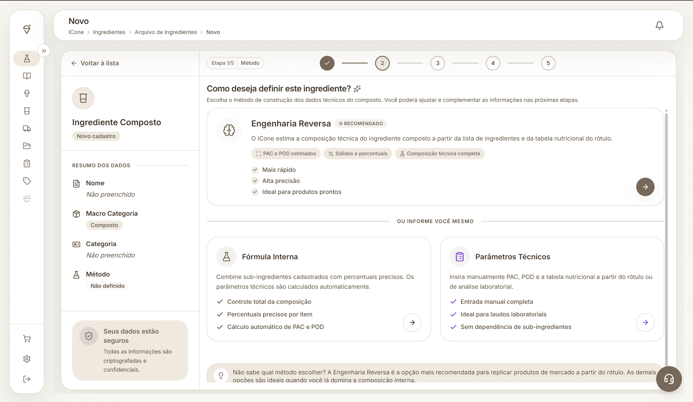 Tela completa do wizard de ingrediente composto com Engenharia reversa, Fórmula interna e Parâmetros técnicos.