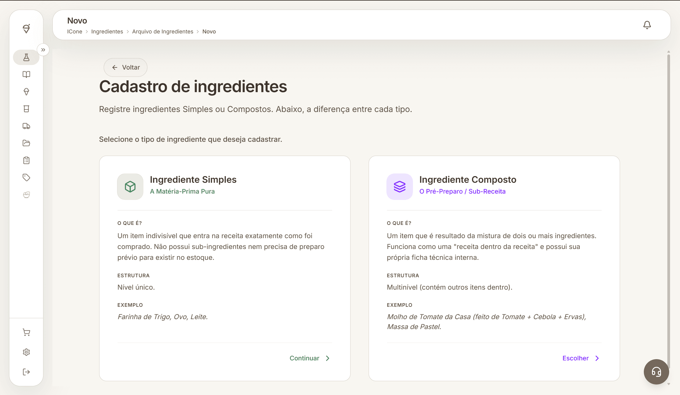 Tela completa da ICone comparando as opções ingrediente simples e ingrediente composto.