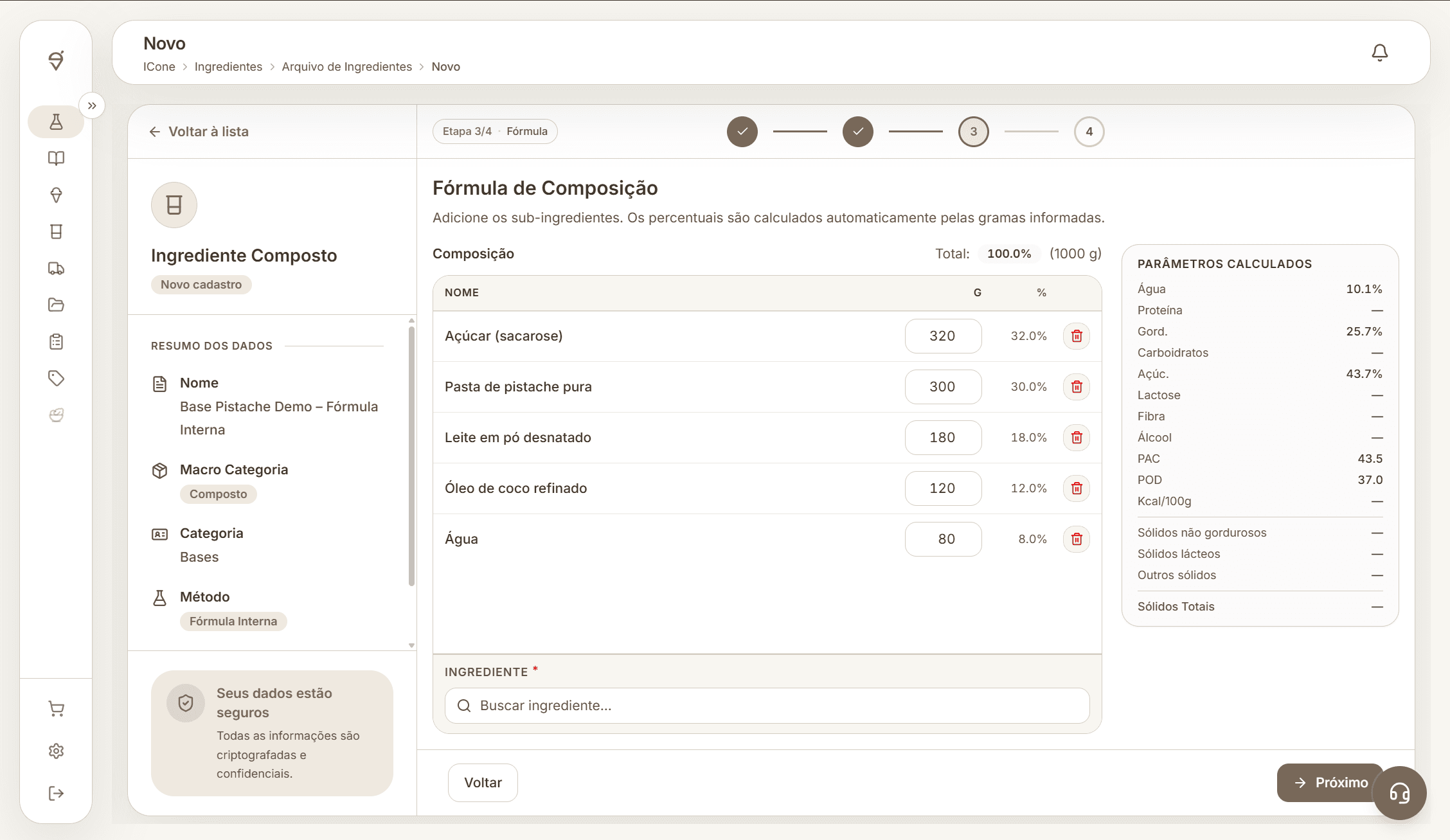 Tela completa da fórmula interna da ICone com tabela de componentes, busca e painel de parâmetros calculados.
