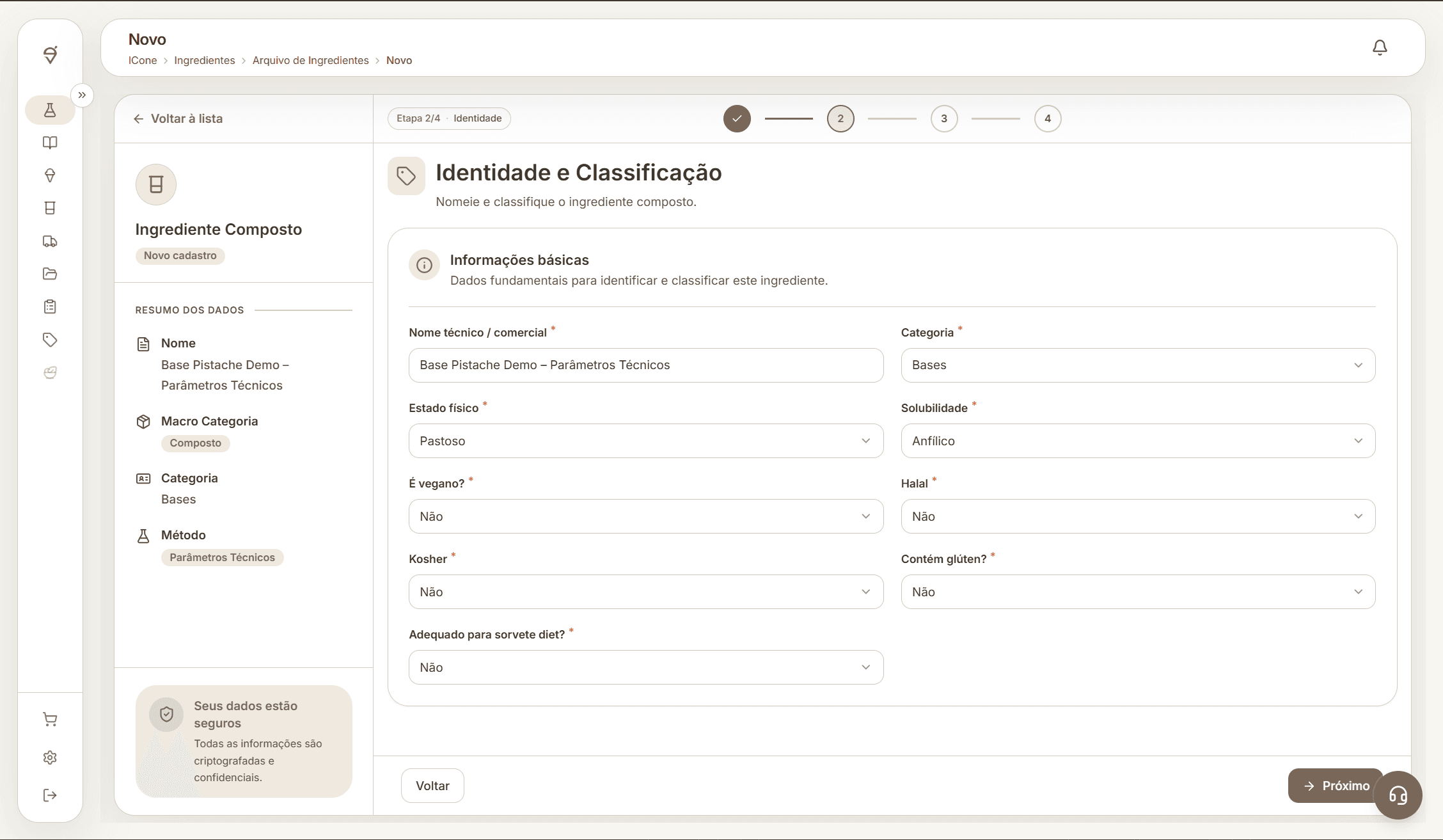Tela completa da etapa Identidade dos parâmetros técnicos na ICone com classificação, solubilidade e restrições.