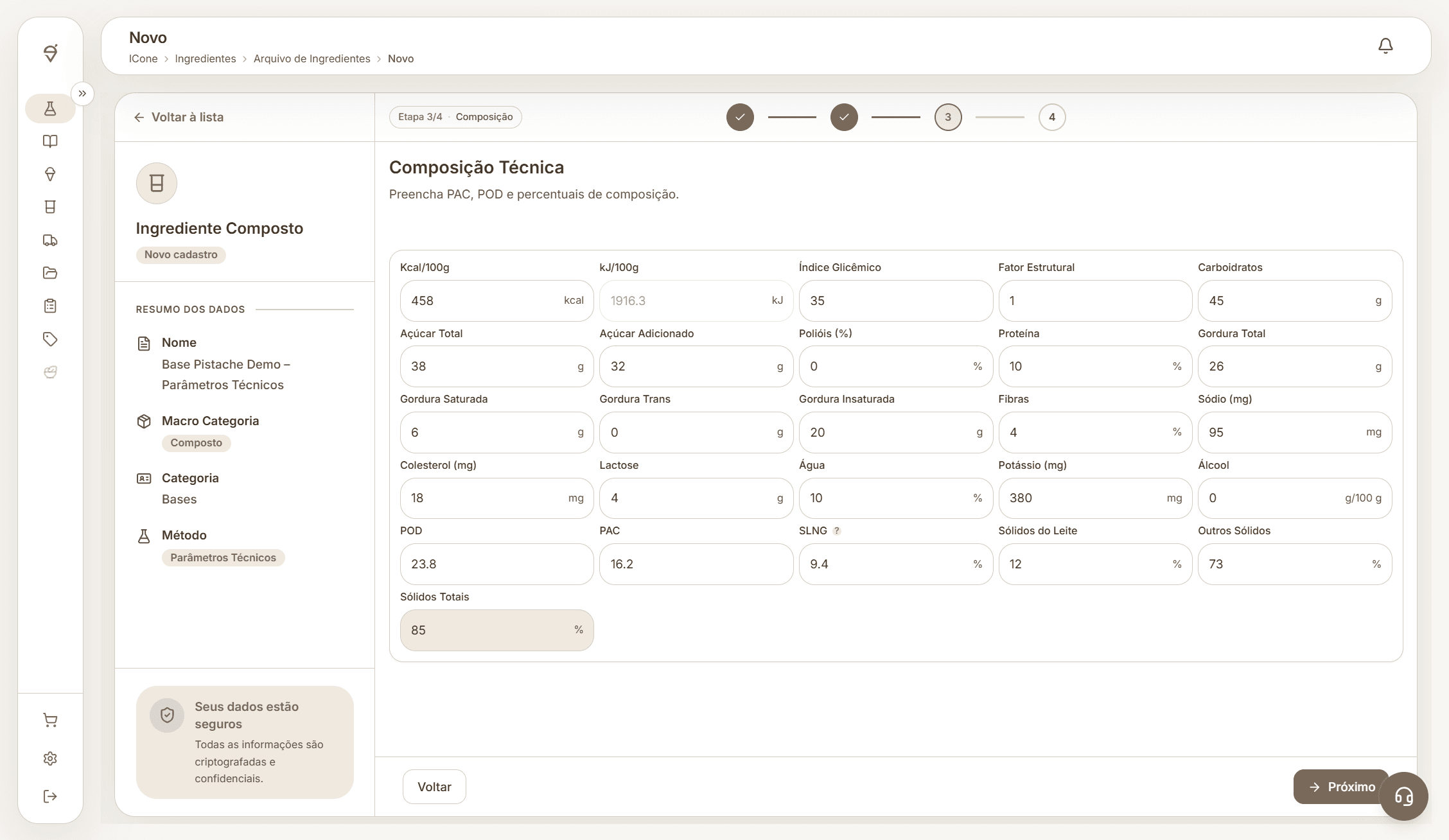 Tela completa da composição técnica da ICone com campos nutricionais, PAC, POD, SLNG e sólidos.