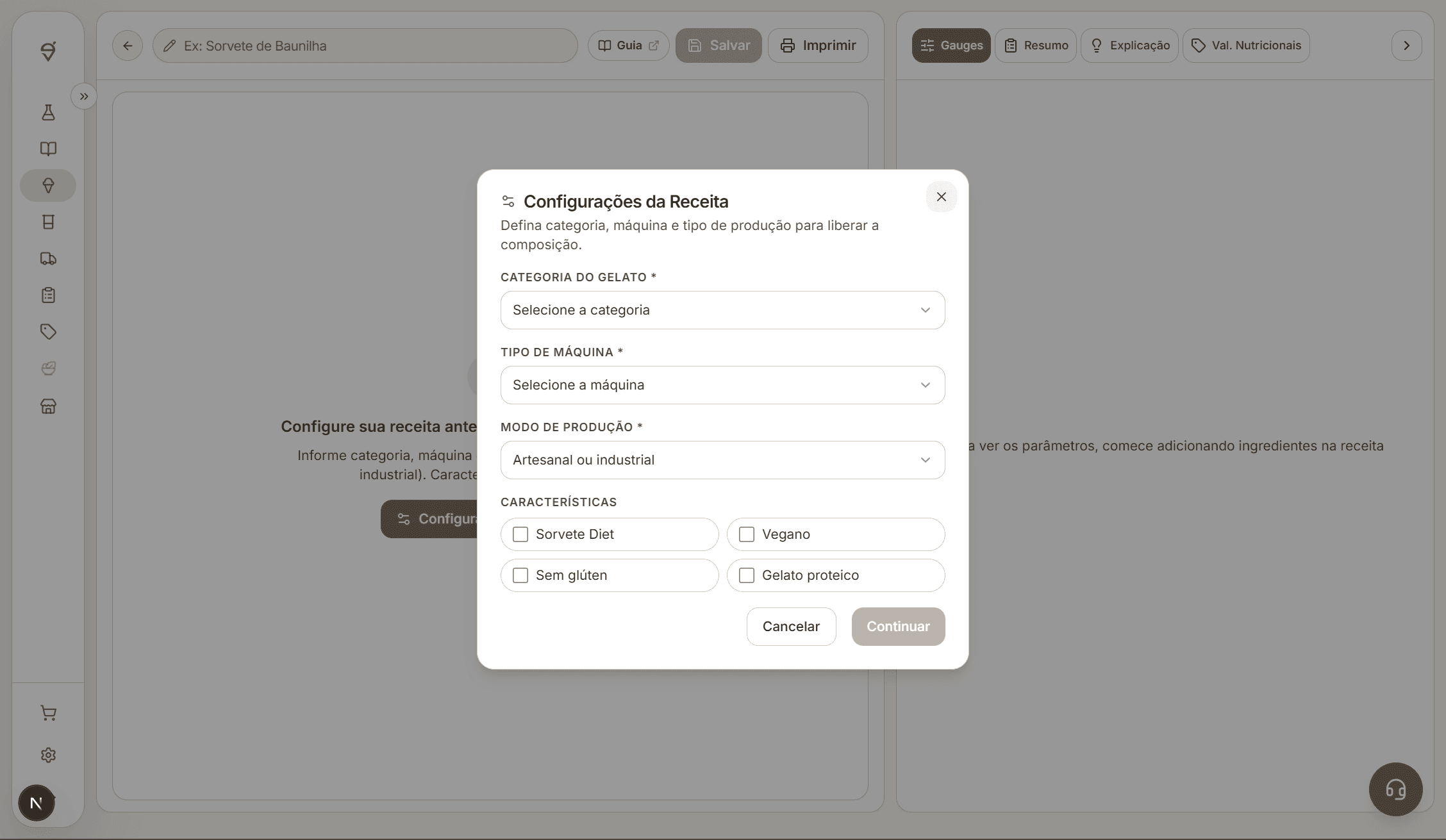 Tela completa das configurações iniciais de uma receita fictícia na ICone.