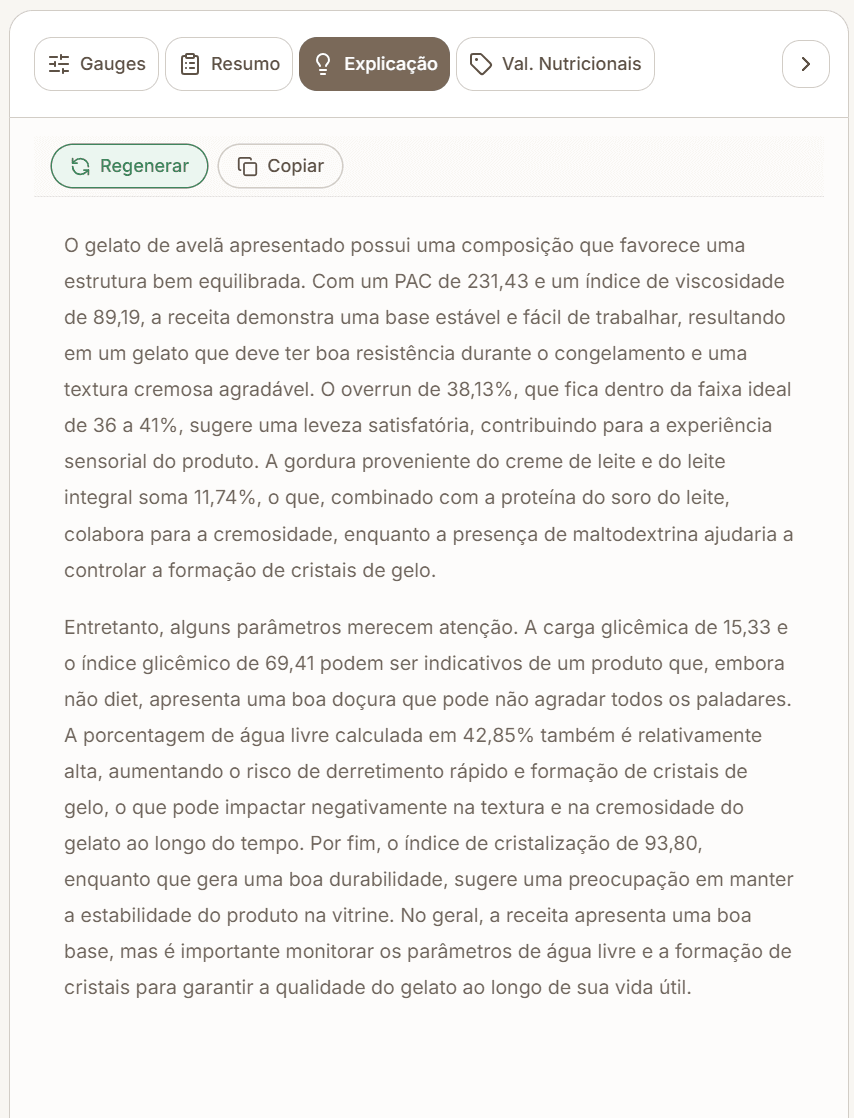 Painel Explicação da Inteligência ICone com uma análise textual de receita fictícia.