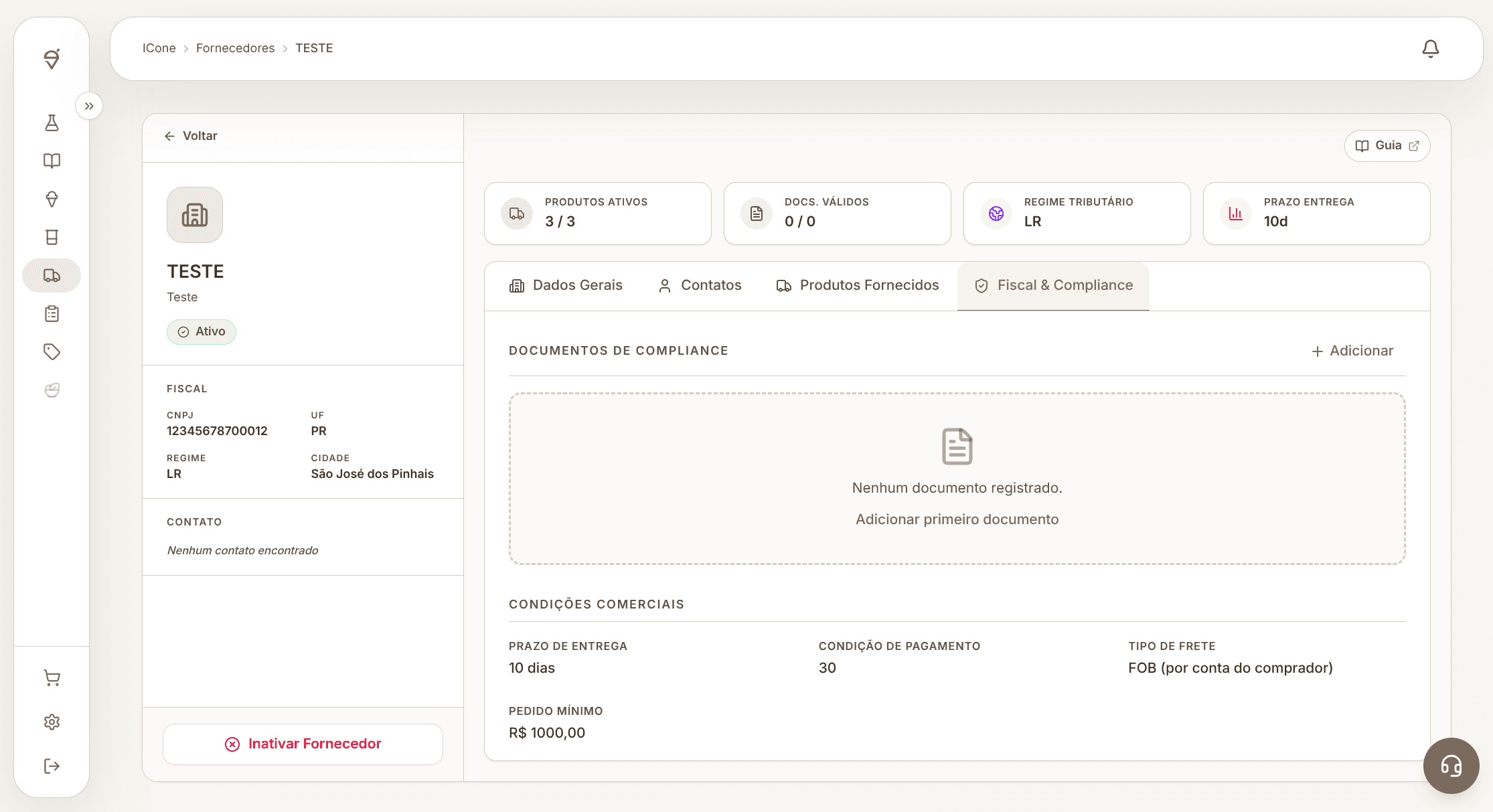 Tela completa da conformidade fiscal de um fornecedor fictício sem documentos cadastrados na ICone.