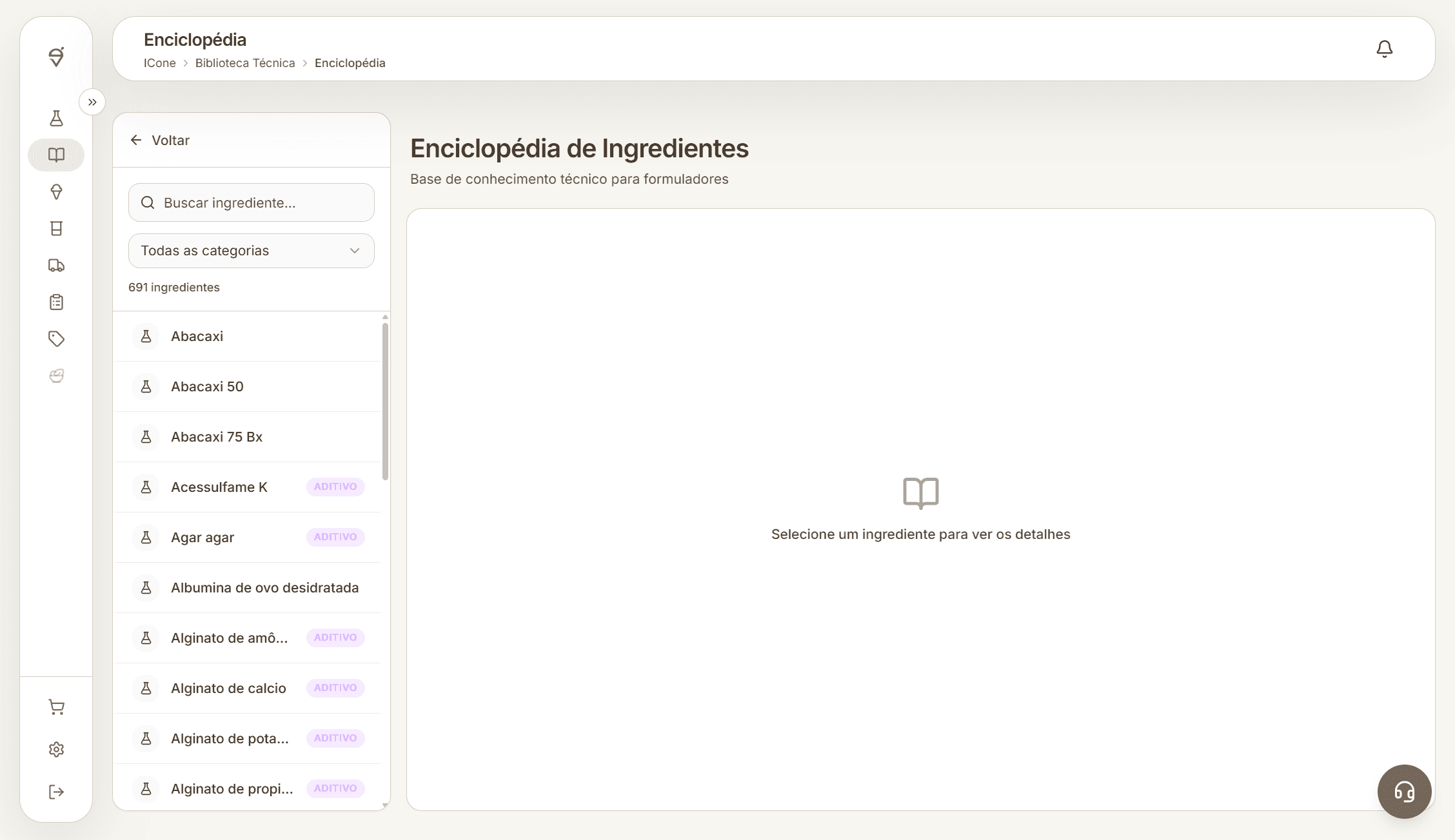 Tela completa da Enciclopédia da ICone antes da seleção de um ingrediente.