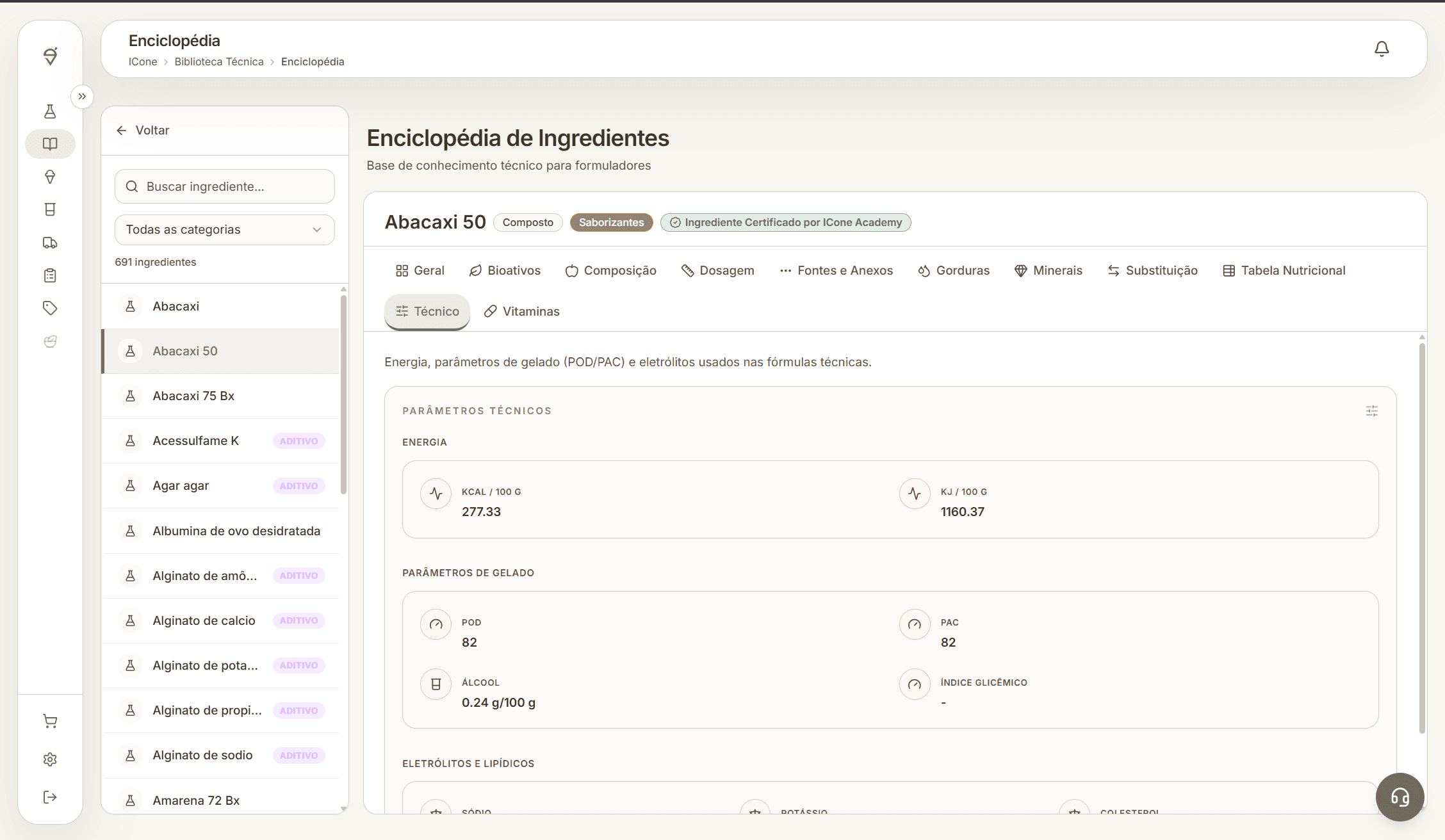Tela completa da Enciclopédia da ICone com a aba Técnico e os valores de PAC e POD visíveis.