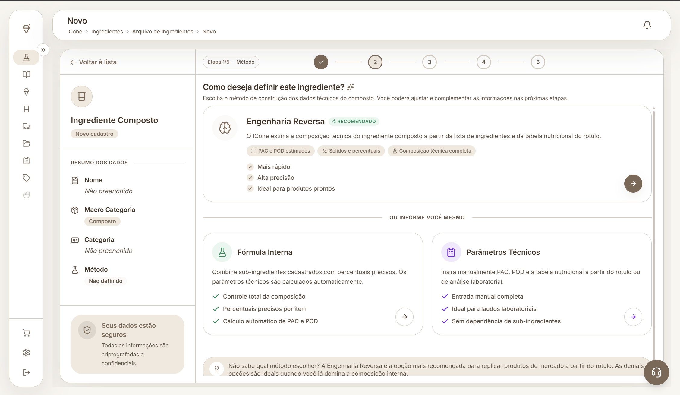 Tela completa do wizard de ingrediente composto com Engenharia reversa, Fórmula interna e Parâmetros técnicos.