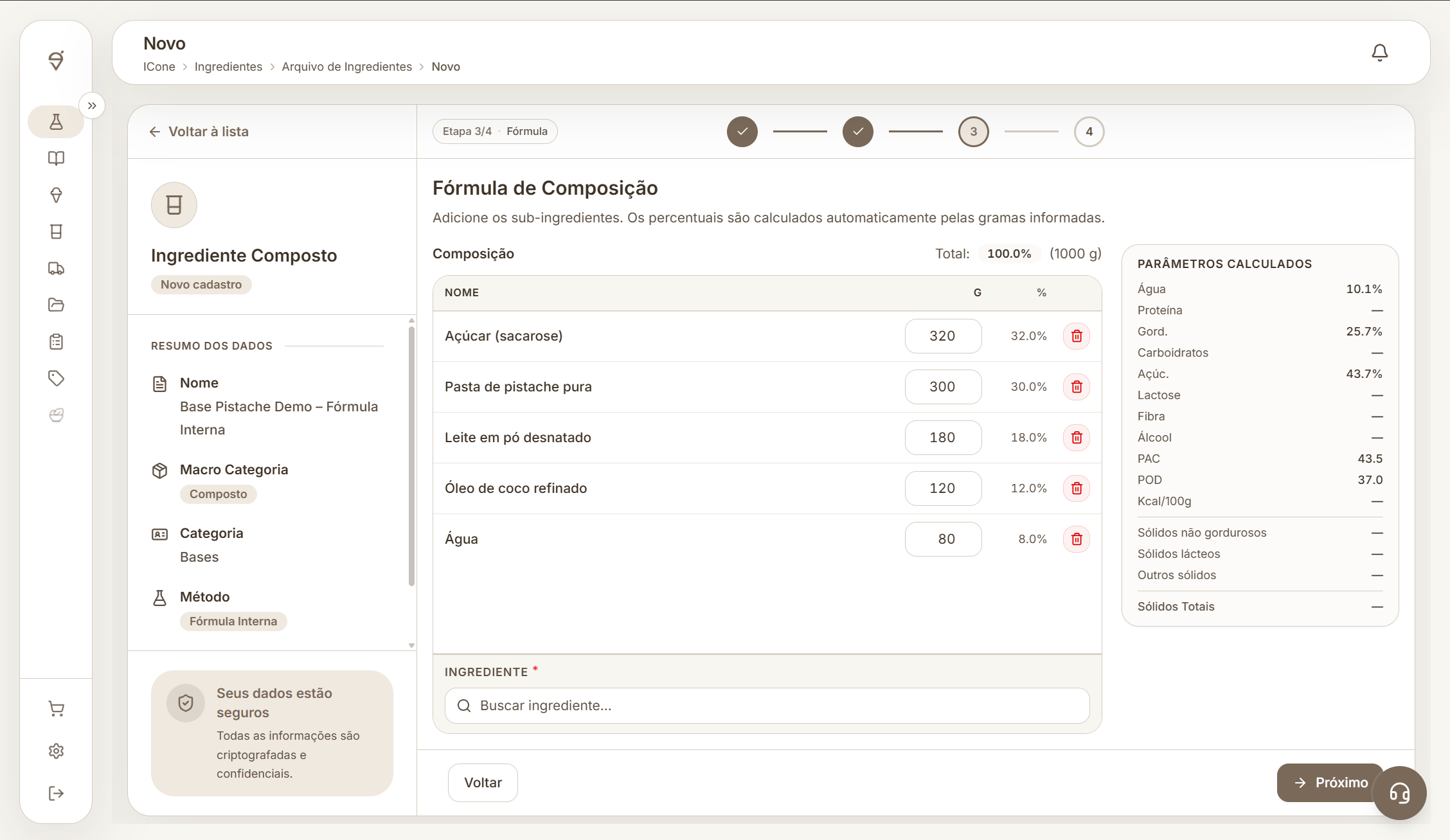 Tela completa da fórmula interna da ICone com tabela de componentes, busca e painel de parâmetros calculados.