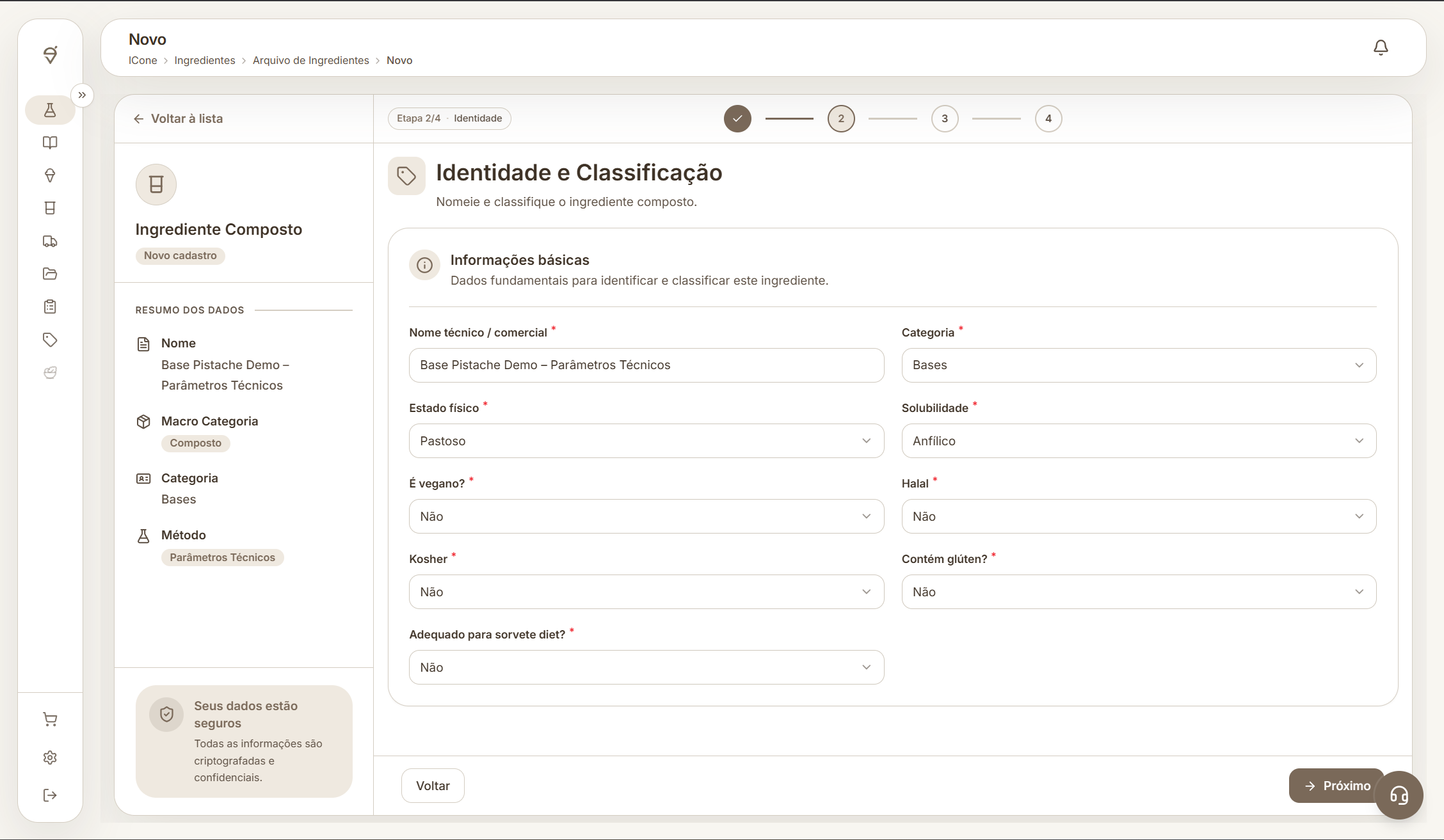 Tela completa da etapa Identidade dos parâmetros técnicos na ICone com classificação, solubilidade e restrições.