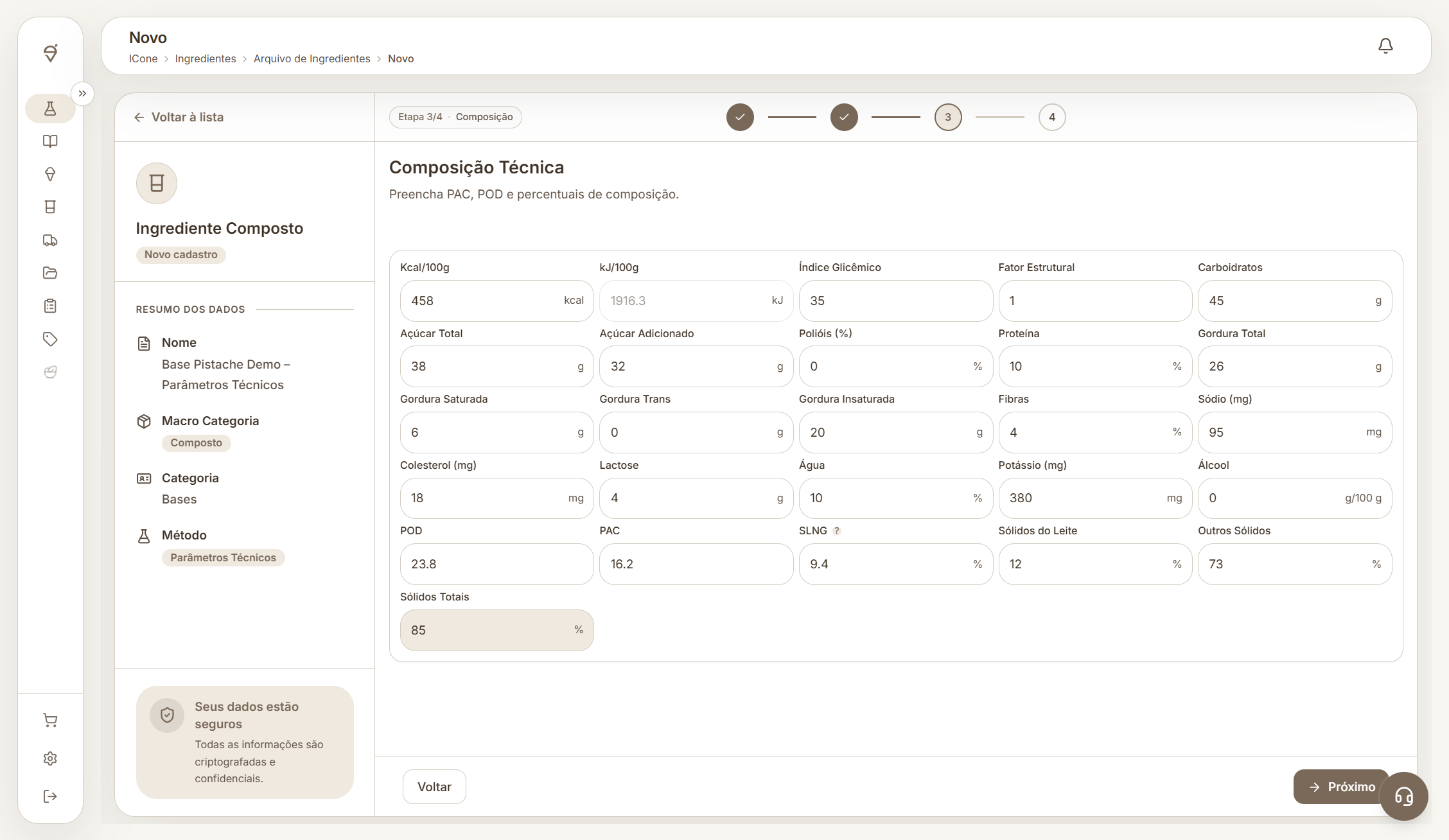 Tela completa da composição técnica da ICone com campos nutricionais, PAC, POD, SLNG e sólidos.