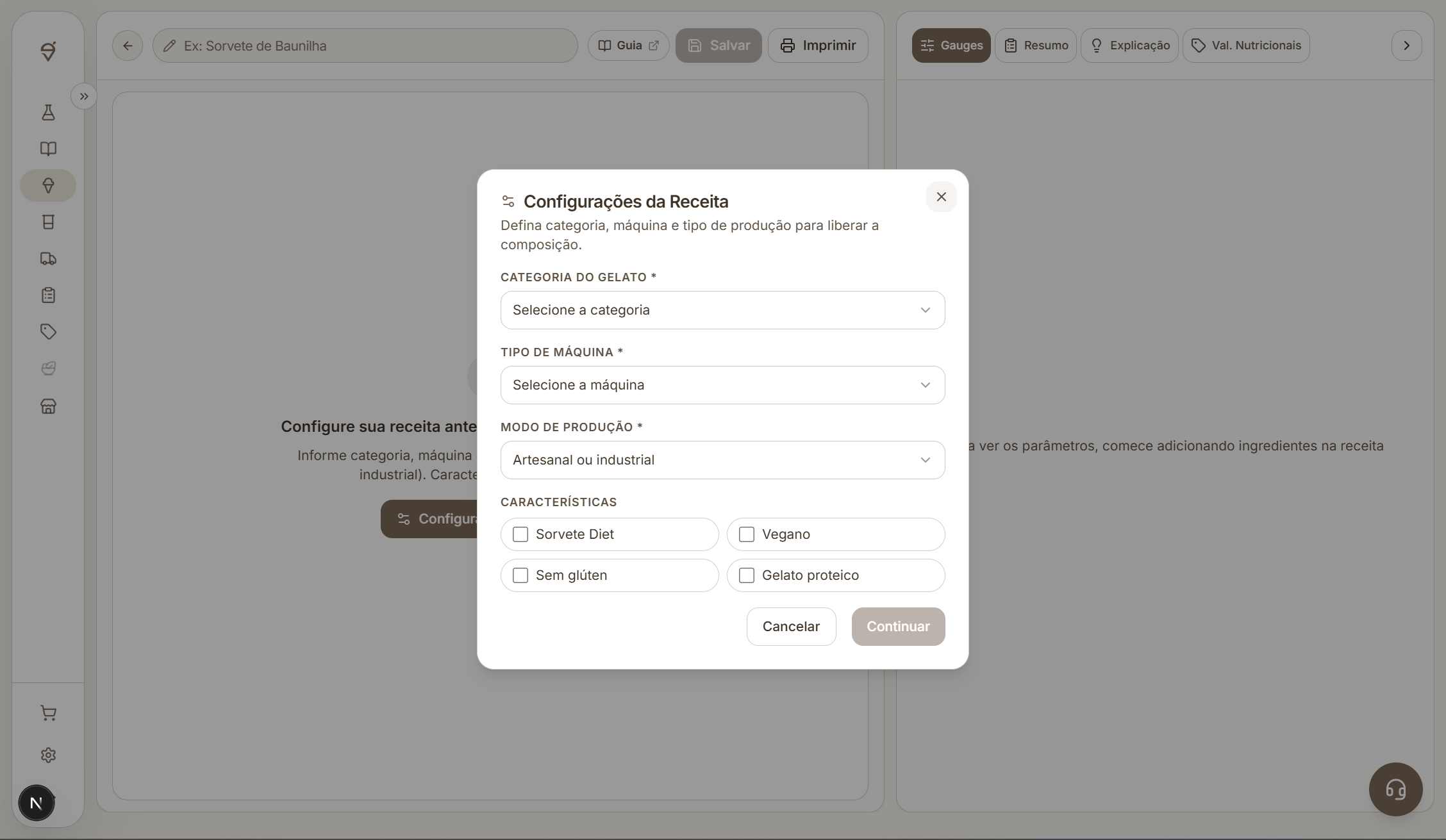 Tela completa das configurações iniciais de uma receita fictícia na ICone.