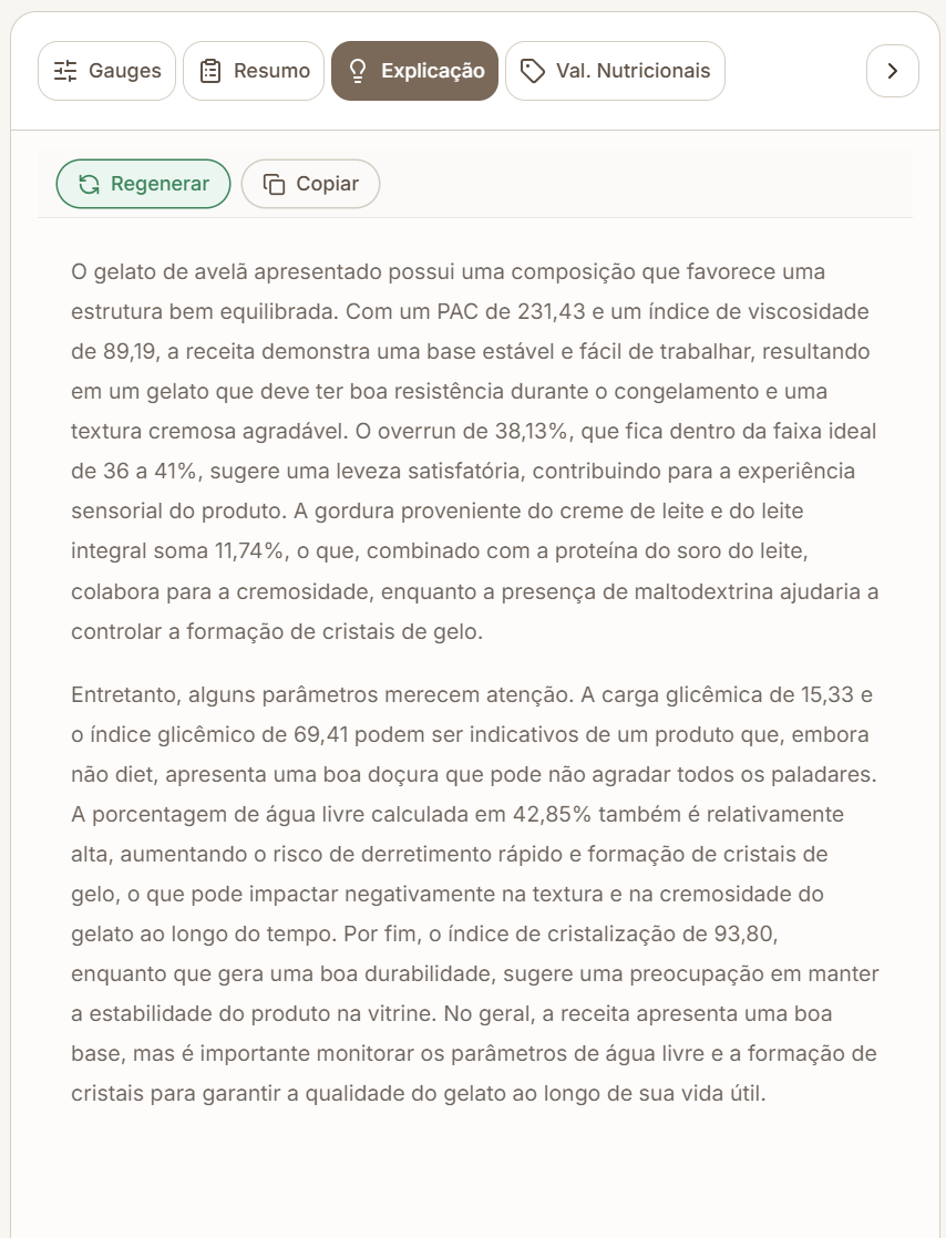 Painel Explicação da Inteligência ICone com uma análise textual de receita fictícia.