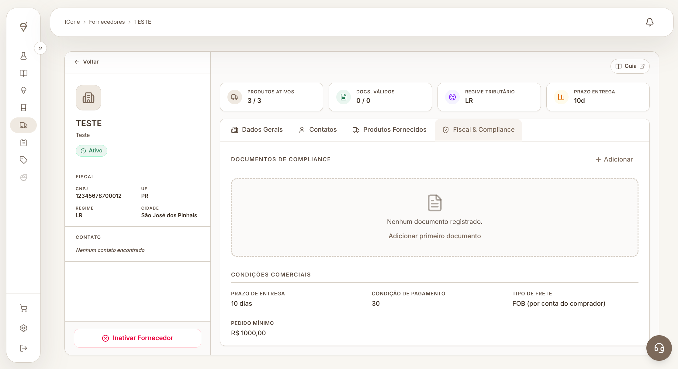 Tela completa da conformidade fiscal de um fornecedor fictício sem documentos cadastrados na ICone.