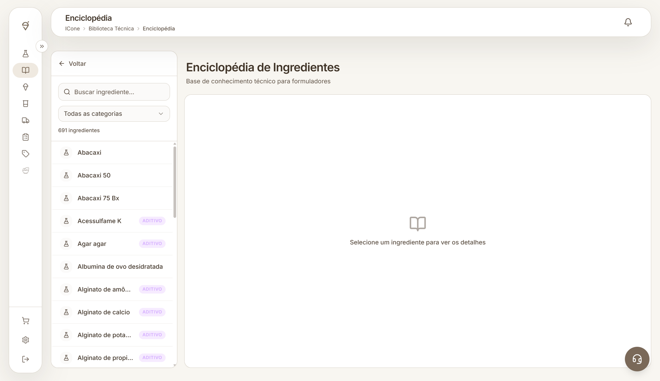 Tela completa da Enciclopédia da ICone antes da seleção de um ingrediente.