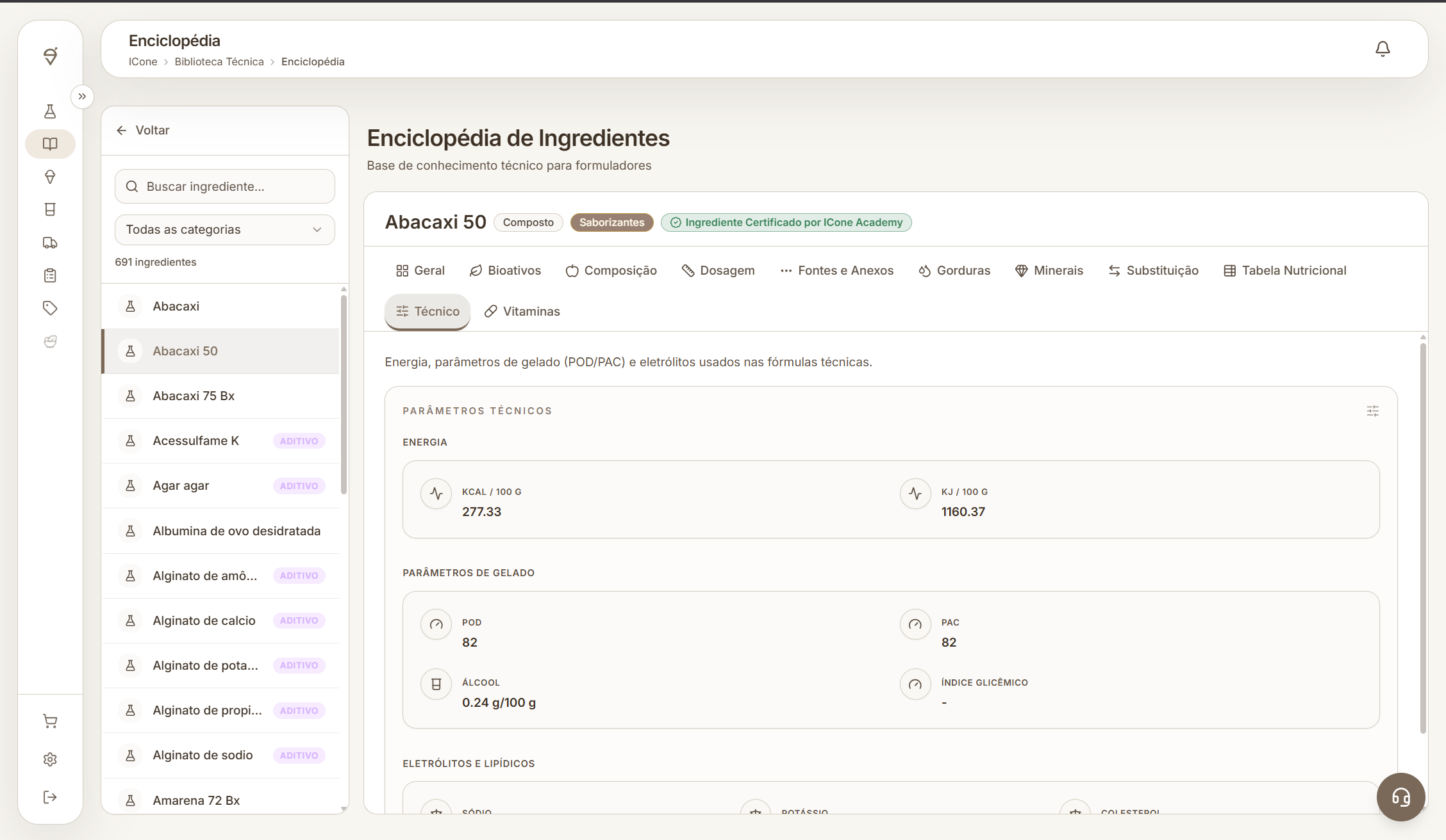 Tela completa da Enciclopédia da ICone com a aba Técnico e os valores de PAC e POD visíveis.